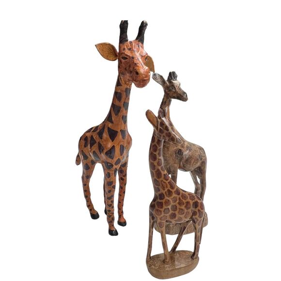 Vintage Trio Giraffes Leather Wrapped Hand Carved Wooden Shelf Sitters Bookcase‎ - Picture 7 of 8